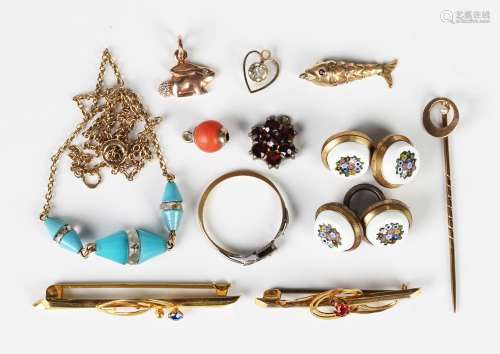 A small group of jewellery, including a gold, pale blue and ...