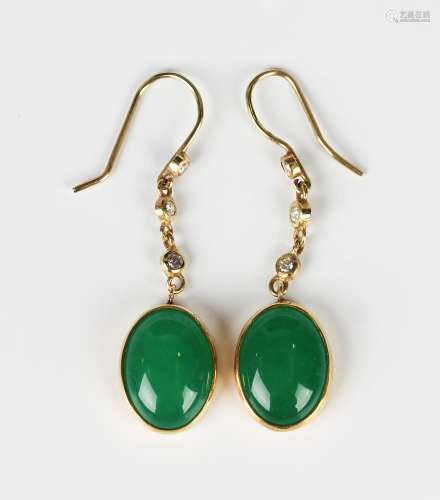 A pair of gold, diamond and aventurine quartz pendant earrin...