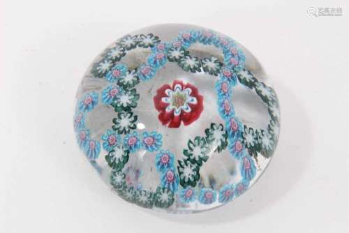 Baccarat glass paperweight - a trefoil blue double garland o...