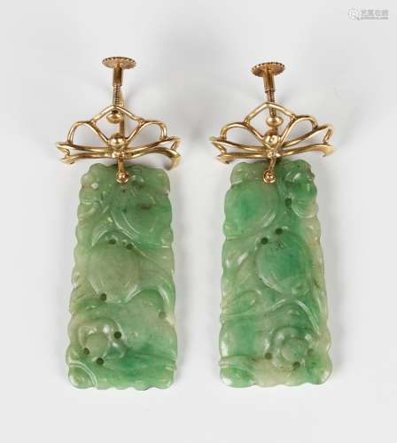 A pair of gold mounted jade pendant earrings, each tapered j...