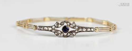 A gold backed and silver set, diamond and blue gem set brace...