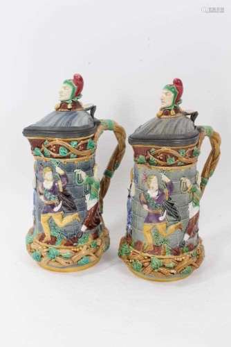 A matched pair of Minton Majolica Tower jugs, 1881 and 1883,...