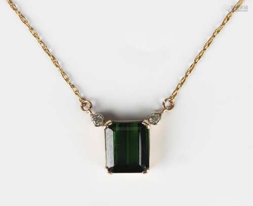 A gold, green tourmaline and diamond pendant necklace, claw ...