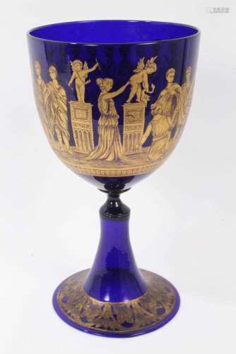A large 19th century Bristol blue glass goblet, decorated in...