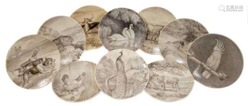 Set of ten ceramic plates with hand painted animal scenes, s...