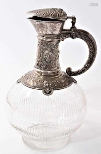 Late 19th century German silver mounted cut glass claret jug