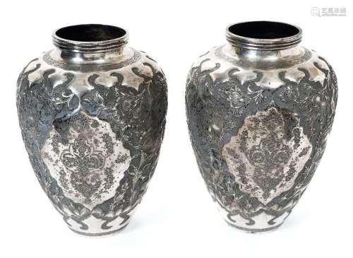 Pair of Indian white metal vases