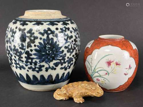 Lot Chinese Porcelain Jars, Stone Carving
