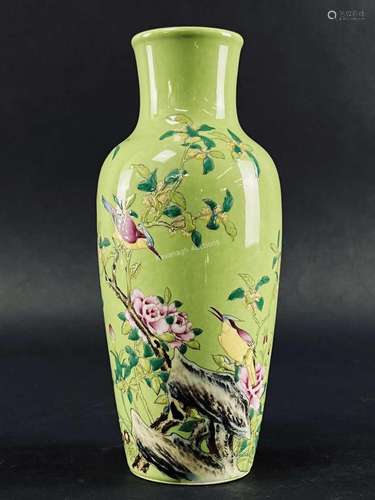 Chinese Hand Painted Green Ground Vase