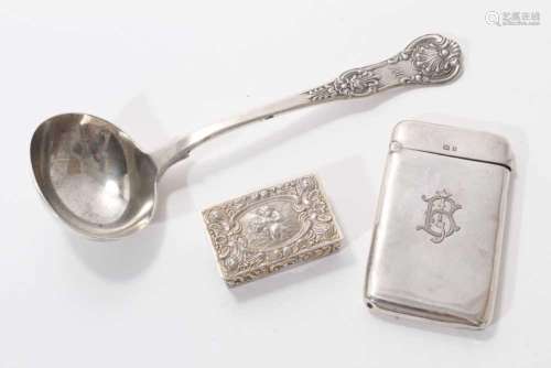 Victorian silver sauce ladle, silver card case and silver tr...