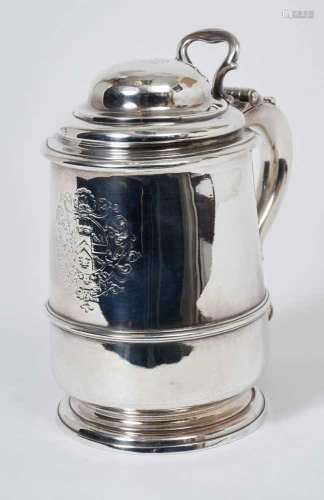 George II silver-lidded tankard of bellied form with applied...