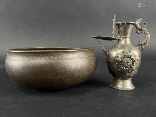Antique Chinese Bronze Bowl and Ewer