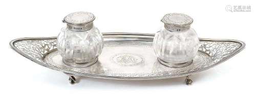 George III silver inkstand of navette form