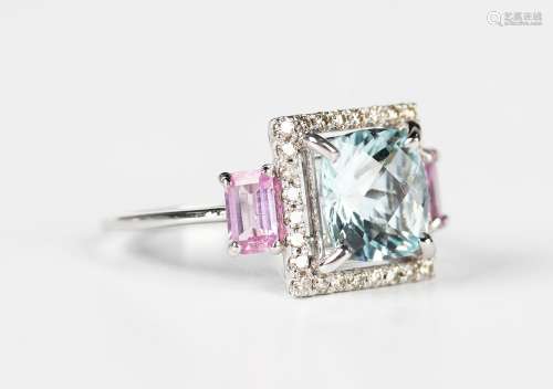 A white gold, aquamarine, pink sapphire and diamond cluster ...