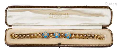 Victorian diamond turquoise enamel and seed pearl bracelet i...