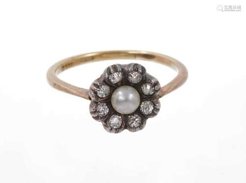 Antique pearl and diamond flower cluster ring