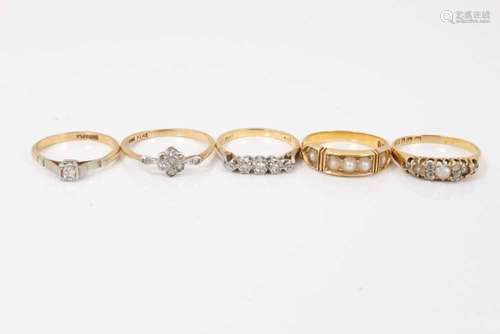 Victorian pearl and diamond ring and four other gold and gem...