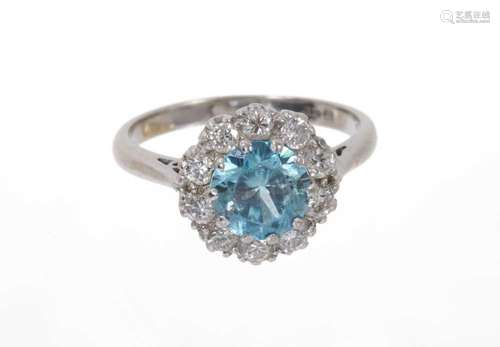 Blue zircon and diamond cluster ring