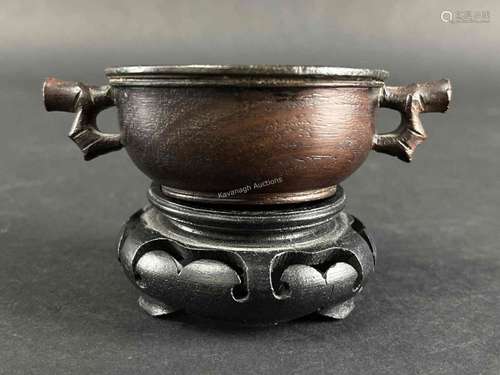 Chinese Bronze and Wood Bowl on Stand