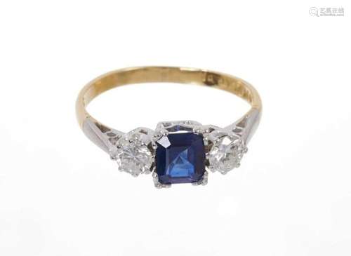 Sapphire and diamond three stone ring with a rectangular ste...