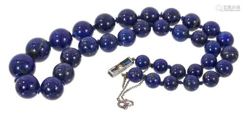 Lapis lazuli bead necklace with sapphire and diamond clasp