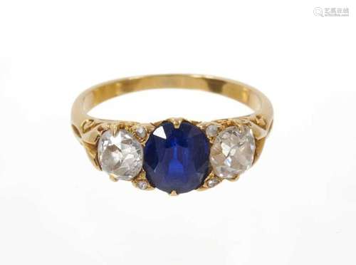 Late Victorian diamond and sapphire three stone ring