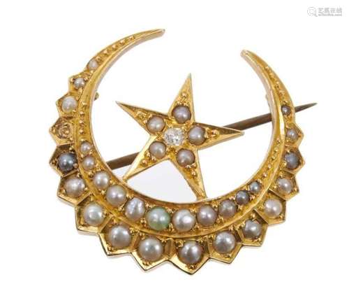 Victorian crescent moon and star brooch