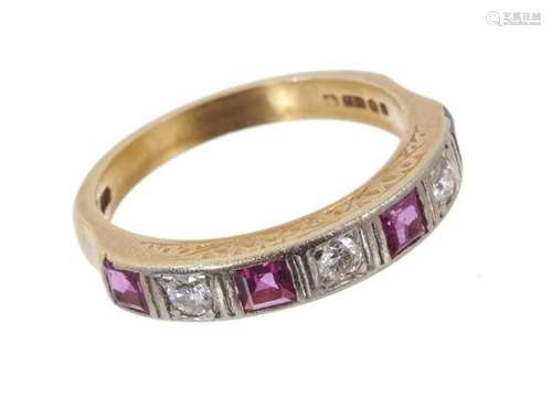 Ruby and diamond seven stone eternity ring with with four sq...