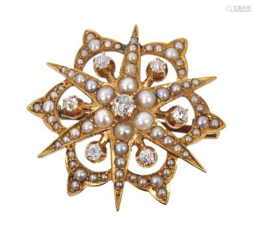 Victorian diamond and seed pearl snowflake brooch