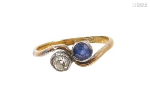 Diamond and sapphire two-stone crossover ring