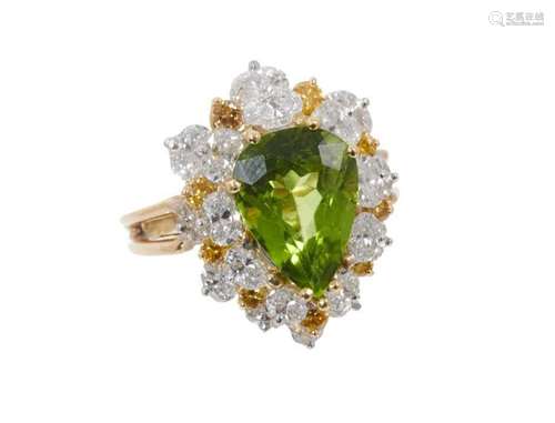 Peridot and diamond pear shaped cluster cocktail ring with w...