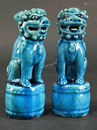 Pair Chinese Miniature Peacock Blue Glaze Foo Dogs