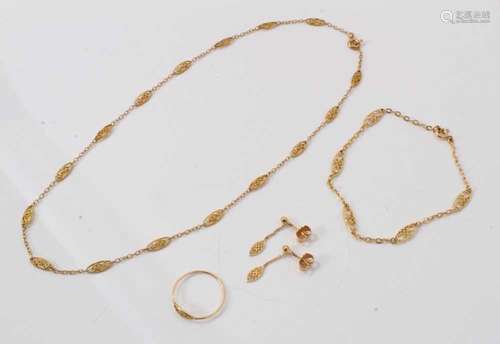 Gold filigree necklace, ring and earrings