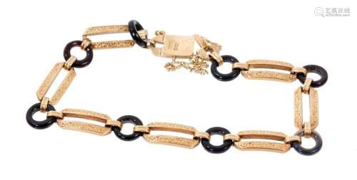 Art Deco 14ct yellow gold and black onyx bracelet with engra...