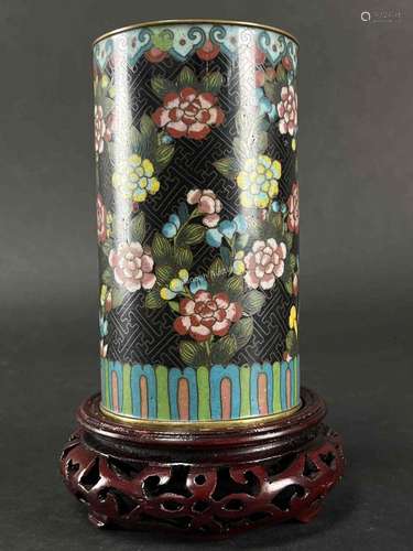 Chinese Black Cloisonne Chrysanthemum Brush Pot