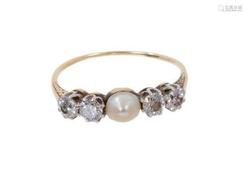 Pearl and diamond five stone ring with a central button pear...