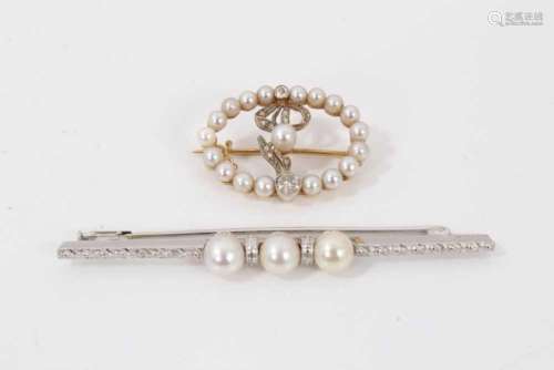Edwardian Art Nouveau pearl and diamond wreath brooch with a...