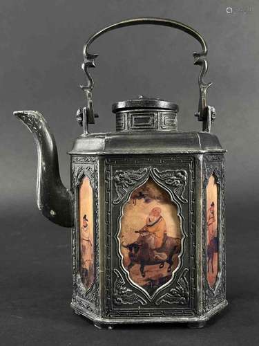 Chinese Paktong Pewter Teapot, Painted Panels