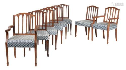 A set of eight mahogany and upholstered dining chairs in Geo...
