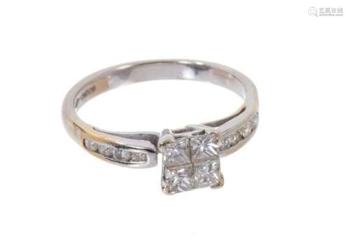 Princess cut diamond cluster ring, 0.85cts in 18ct white gol...