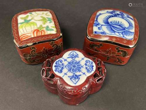 Lot of 3 Chinese Lacquer Boxes, Porcelain Inset