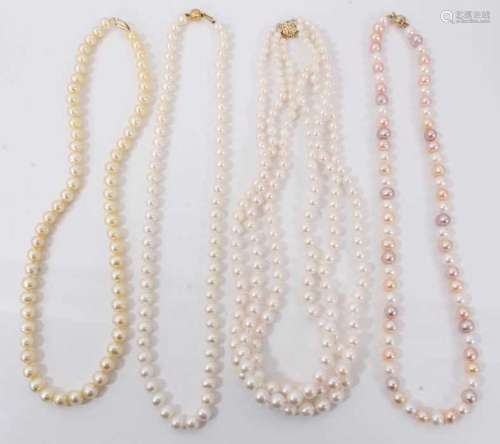 Four cultured pearl necklaces with gold clasps