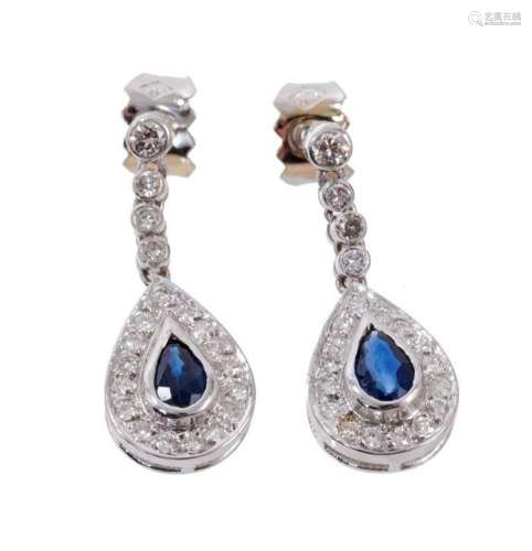 Pair of sapphire and diamond cluster pendant earrings in 18c...