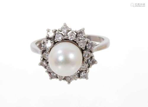 Cultured pearl and diamond cluster cocktail ring