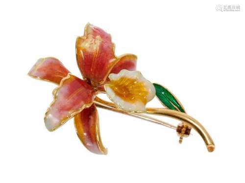 Gold and enamel orchid brooch