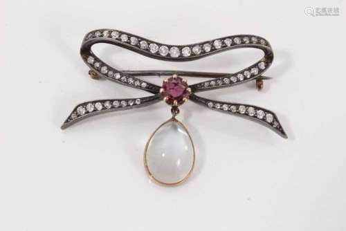 Diamond, moonstone and ruby ribbon brooch