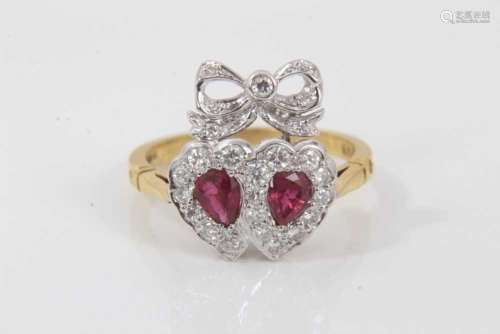 Victorian style ruby and diamond sweetheart ring with two he...