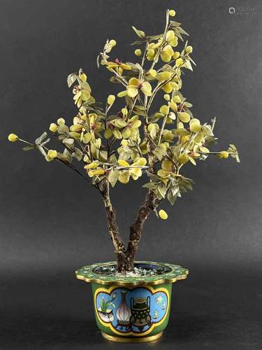 Chinese Jade Stone Flower Tree Cloisonne Pot