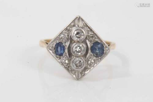 Art Deco style diamond and sapphire cocktail ring with a squ...