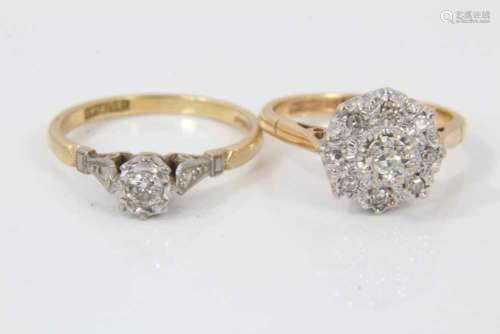Two diamond and 18ct gold rings, one with a flower head clus...